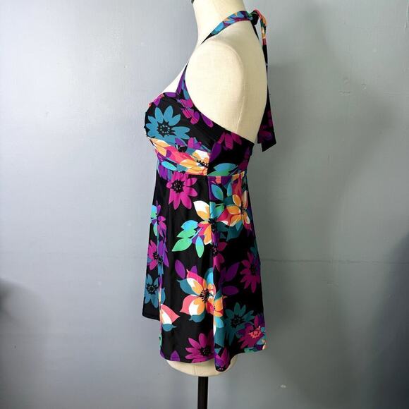 Tropical Escape Floral One Piece Halter Twist Swim Dress Black Multi Womens Sz 6 - Picture 6 of 12